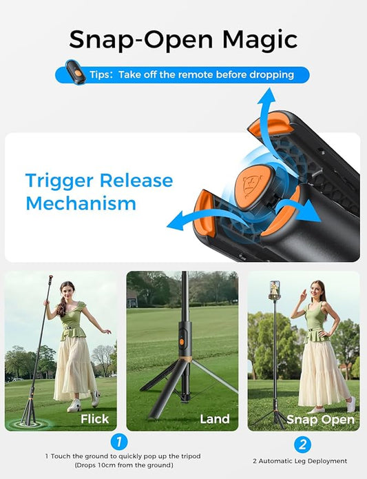 MAGIC JOHN 59" Automatic Pop-up Phone Tripod, Extendable Selfie Stick for iPhone, Selfie Stick Tripod with Detachable Remote, Flexible Rotation Travel Phone Stand Compatible with iPhone, Android