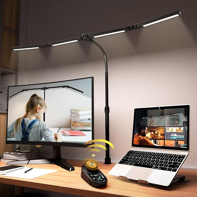 Adjustable LED Desk Lamp – Stepless Dimming & Color Temp Remote Control, Eye-Caring 4 Large Bright Light Souce for Home Office, Flexible Neck, Clamp Base, 5 Lighting Modes for Reading, Computer, DIY