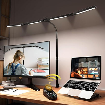 Adjustable LED Desk Lamp – Stepless Dimming & Color Temp Remote Control, Eye-Caring 4 Large Bright Light Souce for Home Office, Flexible Neck, Clamp Base, 5 Lighting Modes for Reading, Computer, DIY