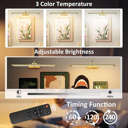 Aipsun 23.6" Brass Picture Lights for Wall Rechargeable,12000mAh Battery Operated Art Light for Paintings,3CCT Dimmable, Rotatable Gallery Light for Pictures Display