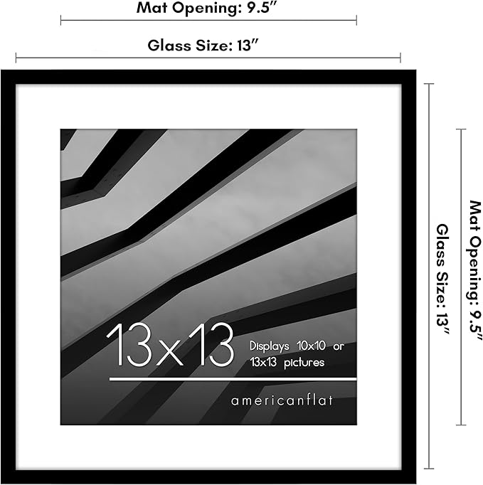 Americanflat 13x13 Picture Frame with Polished Plexiglass - Use as 10x10 Frame with Mat or Display 13x13 Photo Without Mat - Streamline Collection - Thin Border Square Frames for Wall Display - Black