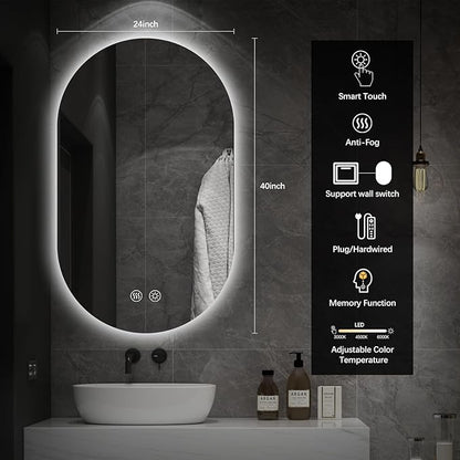 Niccy Oval LED Bathroom Vanity Mirror, 40x24inch Frameless Backlit Mirror with Light, Smart Anti-Fog Mirror with Memory Function Dimmable Lighted Mirror