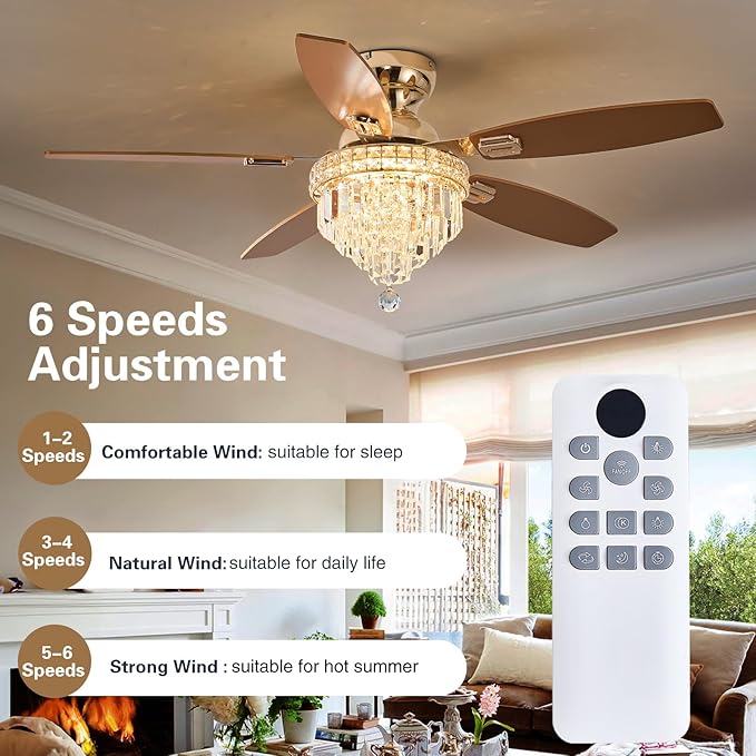 Crystal Ceiling Fan Fandelier with Lights-Ceiling Fans with Lights,50" Low Profile and Remote Control, Flush Mount, Reversible, Dimmable, Noiseless,Ceiling Fan for Bedroom（Gold）