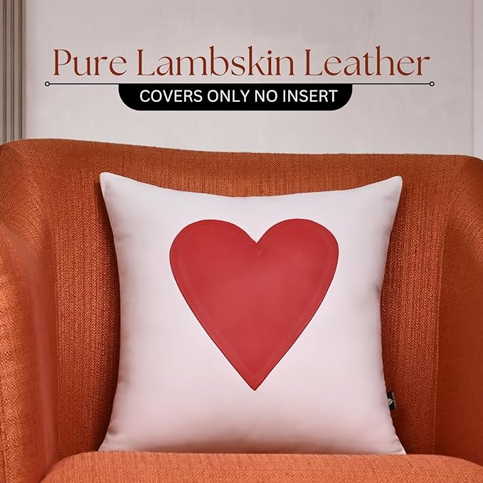 LL LEATHER LOVERS Genuine Lambskin Leather Pillow Cover, 14x14 Inch Case for Lumbar Throw Couch Pillows, Thick & Soft Cushion Covers for Sofa Bed Home Décor (Red Heart & White Plain Pack of 2)