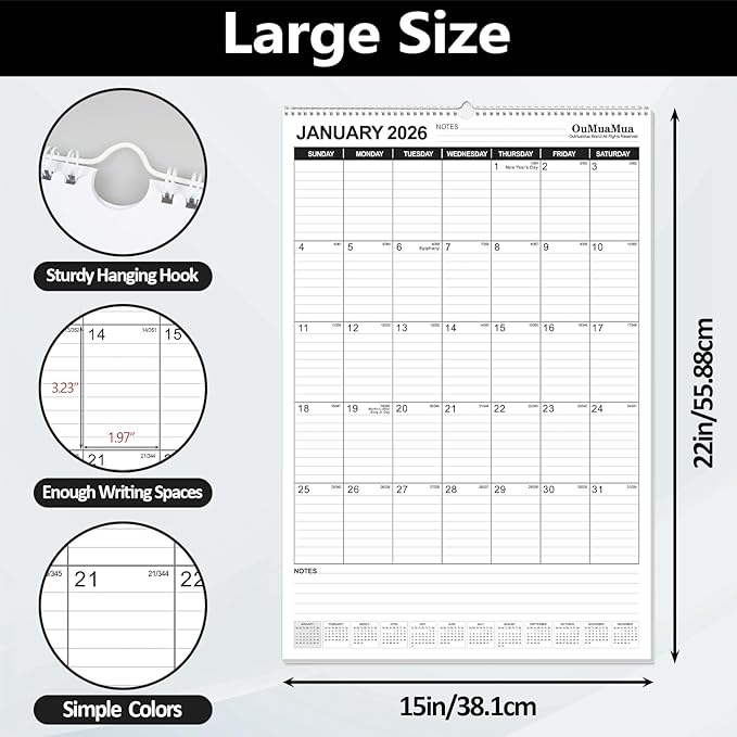 OuMuaMua Wall Calendar 2026, 18-Month Vertical Wall Calendar 2026-2027, 22" X 15" Hanging Planner Runs From 2026 Jan - 2027 Jun with Thick Paper Spiral Bound For School Home Office Organizing