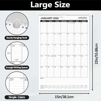 OuMuaMua Wall Calendar 2026, 18-Month Vertical Wall Calendar 2026-2027, 22" X 15" Hanging Planner Runs From 2026 Jan - 2027 Jun with Thick Paper Spiral Bound For School Home Office Organizing