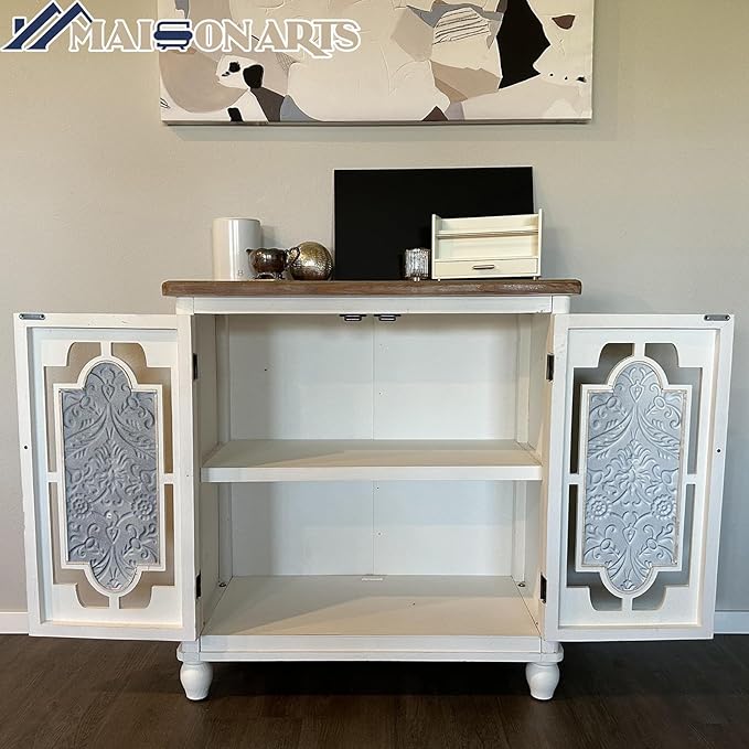 MAISON ARTS Accent Cabinet with 2 Doors, Farmhouse Decorative Storage Cabinet with Solid Wood Frame & Legs for Living Room Entryway Small Sideboard Buffet Cabinet, Metal Embossing Pattern