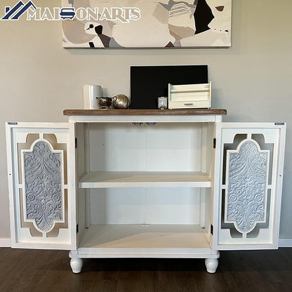 MAISON ARTS Accent Cabinet with 2 Doors, Farmhouse Decorative Storage Cabinet with Solid Wood Frame & Legs for Living Room Entryway Small Sideboard Buffet Cabinet, Metal Embossing Pattern