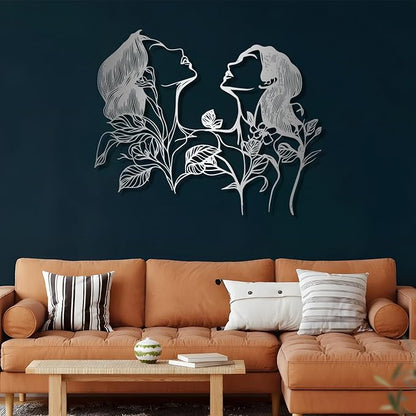 Metal Feminine Wall Art, Female Silhouette Line Art, Metal Flower Female Wall Decor, Metal Minimalist Abstract Woman and Flower Wall Art Single Line for Livingroom, Bedroom (Gold, 24"x19"/60x49cm)