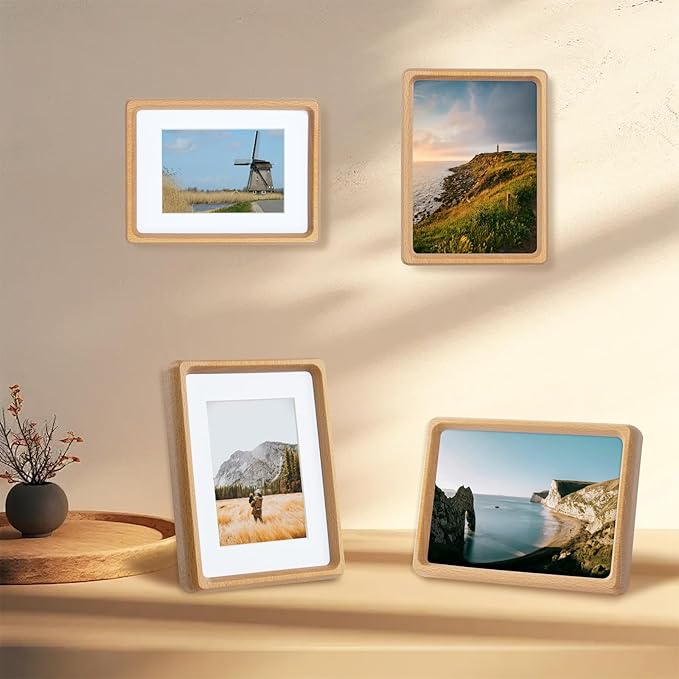 TEYCLZORE 6x8 Natural Wood Picture Frame, Handmade Beech Wood Photo Frame, Display 4x6 Picture with Mat or 6x8 Without Mat, Tabletop Display and Wall Hanging