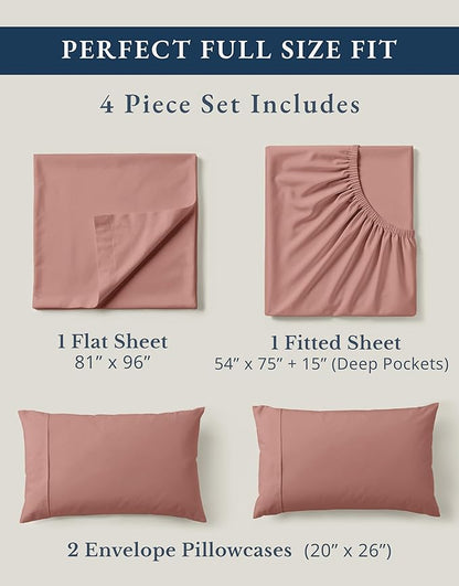 LANE LINEN 100% Organic Cotton Full Sheets Set, 4-Piece Pure Organic Cotton Percale Sheets, Long Staple Cotton Sheet, Ultra Soft Bedding Sheets, Breathable,Fits Mattress Upto 15" Deep - Rose Dawn