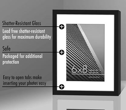 Americanflat 6x8 Picture Frame with Shatter-Resistant Glass - Use as 4x6 Frame with Mat or Display 6x8 Photo Without Mat - Streamline Collection - Picture Frames for Tabletop and Wall - Black