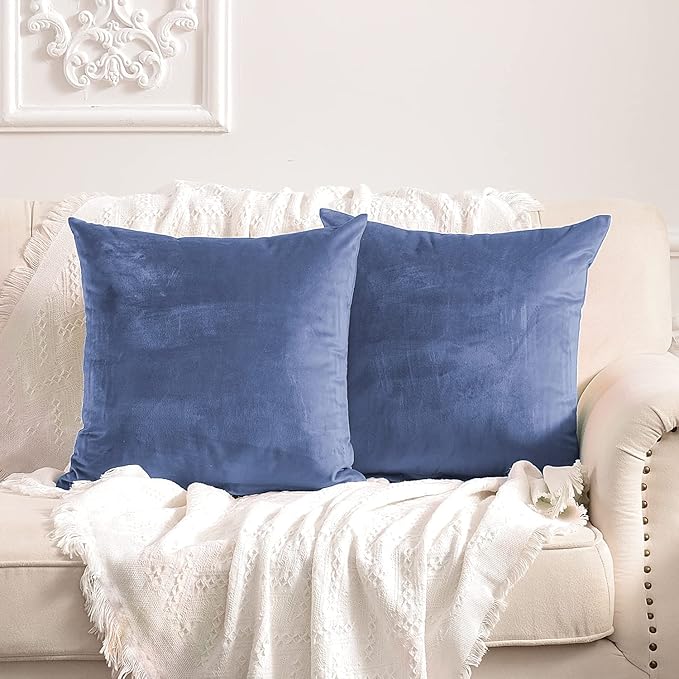 FY FIBER HOUSE Pack of 2 Velvet Throw Pillow Covers Decorative Pillowcase Soft Solid Cushion Cover, 18 x 18 Inch, Stone Blue