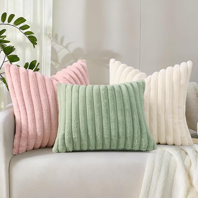 decorUhome Faux Fur Spring Throw Pillow Covers 16x16 Set of 2, Decorative Soft Plush Striped Neutral Couch Pillow Covers with Velvet Back for Sofa, Bed, Living Room Home, Sage Green