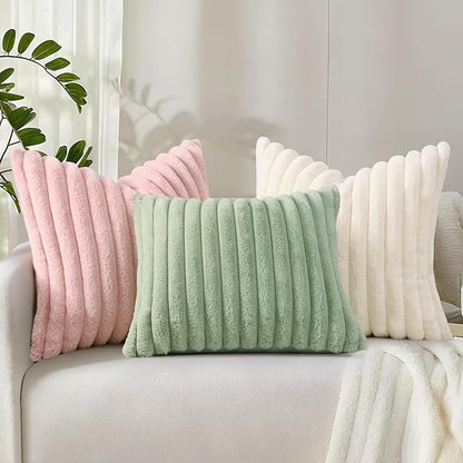 decorUhome Faux Fur Spring Throw Pillow Covers 12x20 Set of 2, Decorative Soft Plush Striped Lumbar Neutral Couch Pillow Covers with Velvet Back for Sofa, Bed, Living Room Home, Sage Green