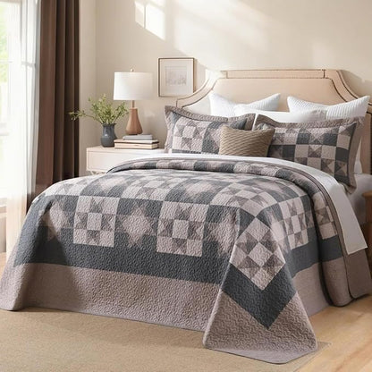 EWlinens 100% Cotton 120"x120" Oversized King Bedspread - Rustic Cabin Star Patchwork Plaid Extra Large Quilts Bedding Set, Farmhouse Oversized King Quilt Bed Spread, 3 Pieces, Brown/Charcoal Gray