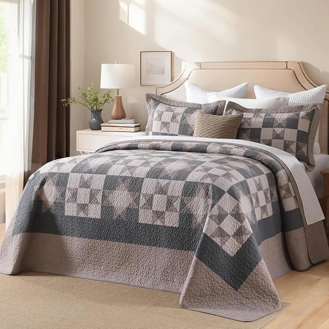 EWlinens 100% Cotton 120"x128" Oversized California King Bedspread - Rustic Cabin Star Patchwork Plaid Extra Large King Size Quilt, Reversible Oversized Cal King Quilt Set, 3pcs, Brown/Charcoal Gray