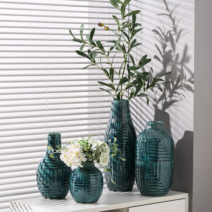 hjn Teal Hand-Glazed Ceramic Vase - 9.4" H Modern Decorative Centerpiece Vase for Fresh/Dried Flowers, Home Decor for Living Room Bookshelf Mantel | Wedding Housewarming Gift