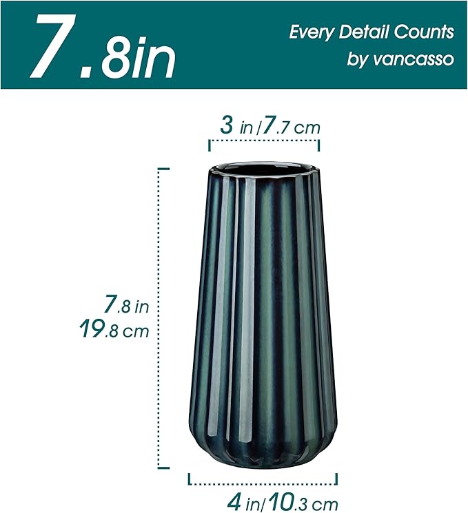 vancasso Ceramic Vase, 7.8 Inch Modern Ribbed Glossy Decorative Vase, Flower vase for Home Decor, Living Room, Bedroom, Office Decor, Green