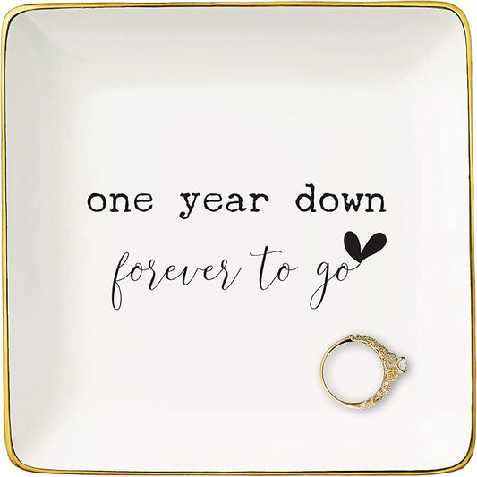 NZY One Year Down,Forever to Go-One Year Anniversary for Her-Valentine Gift,1st Wedding Gifts Anniversary for Wife Girlfriend-Ceramic Jewelry Tray Trinket Holder Ring Dish