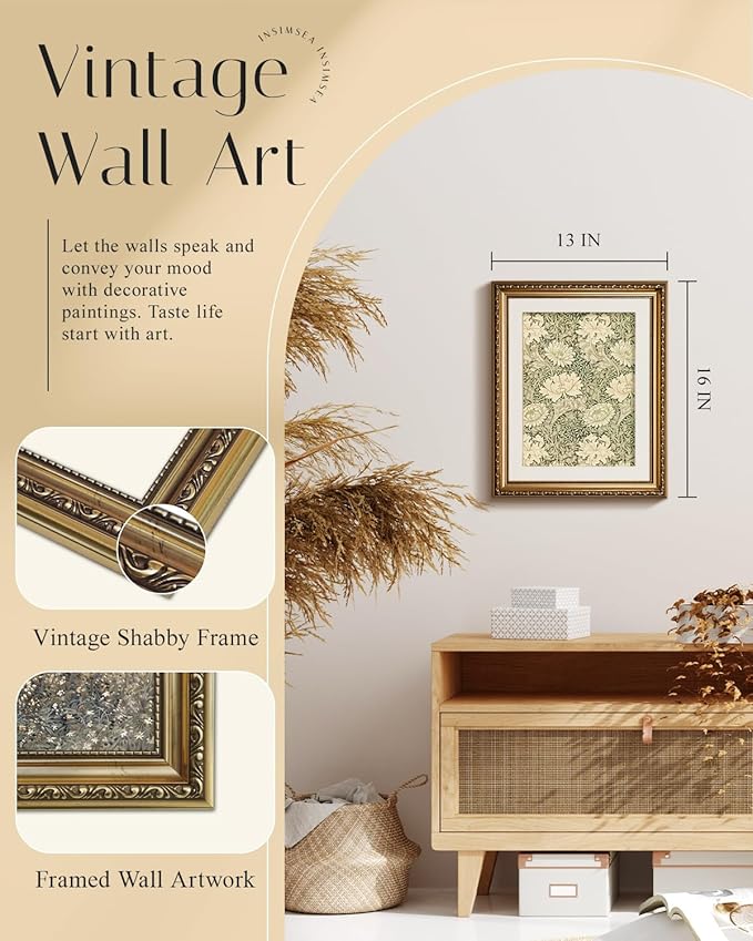 InSimSea Gold Framed Canvas Wall Art Room Decor Floral Scenic Oil Painting Flower Art Prints French Romantic Botanical Designs Wall Decor Framed Wall Pictures for Bedroom Bathroom and Office 13x16in