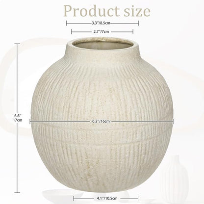 7" Short Round Clay Vase with Vertical Engravings Texture, Sand-Grain Tactile, Wide Ceramic Vase for Cafe Centerpiece Decor, Bohemian Style, Small & Beige White