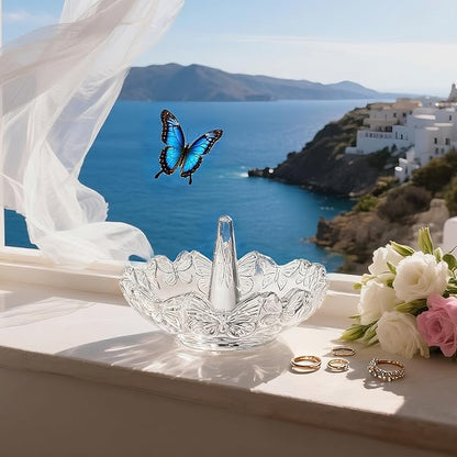 H&D HYALINE & DORA Clear Crystal Ring Holder with Butterfly Pattern, Engagement Glass Ring Dish Jewelry Holder for Rings Earrings Necklace Organizer