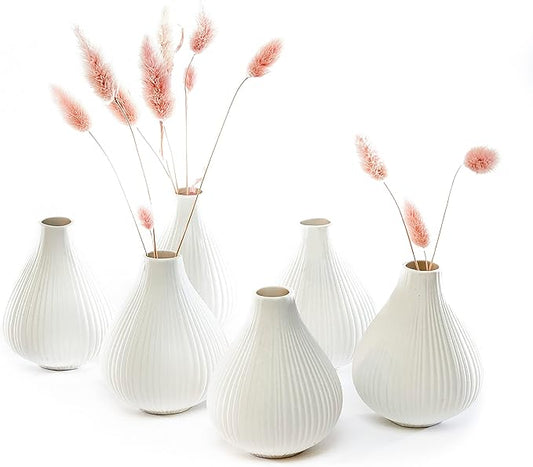Chive ‘Frost’ Ceramic Flower Vase — Set of 6 Beautiful Small Bud Vases for Flowers & House Plants — Perfect Shelf Centerpieces and Living Room Decor — White