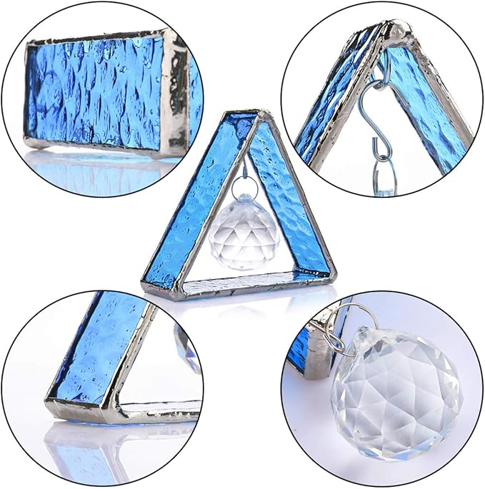H&D HYALINE & DORA Stained Glass Window Sun Catcher Hangings Pyramid Colored Glass Hanging Ornament for Wall, Window，Car and Party Decoration,Blue