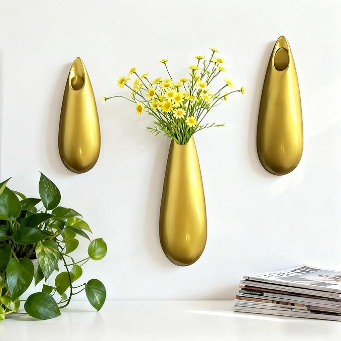 Sculptural Wall Ceramic Vase — 3 Pack Gold Hanging Sconce Vase | Turn Flowers into Art — Decorative Ceramic Wall Sconce for Single Stem Displays