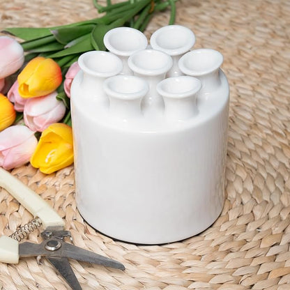 Large Ceramic Vase Modern Cylinder Design with 7 Flower Openings, Perfect Centerpiece for Tulips、Hydrangeas、Roses and Wildflowers - Ideal Home Decor Gift for Birthdays Mothers Day