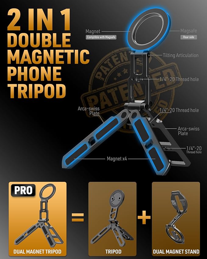 Dual Magnetic Phone Tripod Foldable Double Magnet Mount Pocket Cell Phone Stand for iPhone 16/15/14/13/12 Plus Max for Ipad Travel Gym Magnetic Tripod [US Patent Registered]