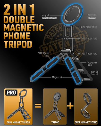 Dual Magnetic Phone Tripod Foldable Double Magnet Mount Pocket Cell Phone Stand for iPhone 16/15/14/13/12 Plus Max for Ipad Travel Gym Magnetic Tripod [US Patent Registered]