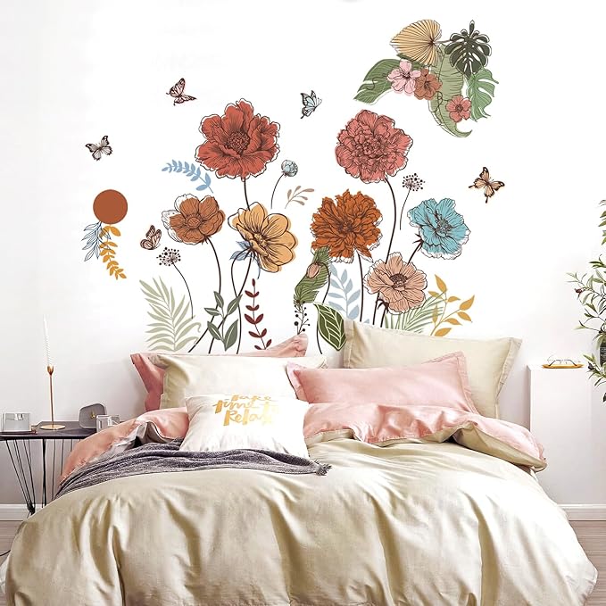 Large Boho Flower Wall Decals Floral Leaves Grass Butterfly Wall Stickers Removable Wall Art Decor for Living Room Bedroom