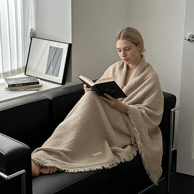 MorroMorn 100% Cotton Muslin Blanket with Fringes Twin Size 60"x80", 4-Layer Gauze Blankets for Adults, Boho Bedding Breathable Lightweight Ultra-Soft Farmhouse Decor for Couch Bed All Seasons, Khaki