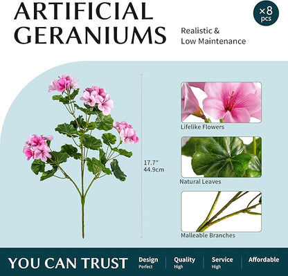 Artificial Flowers for Outdoors 17.7In Artificial Geraniums for Indoor Fake Flowers Uv Resistant Artificial Outdoor Flowers Suitable for Indoor Home Decor Outdoor Garden Decoration 8PCS (Pink)