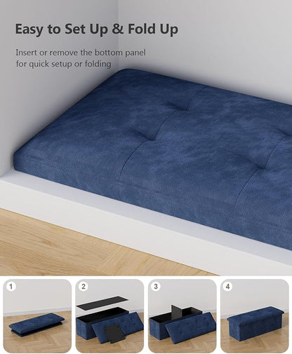 Folding Storage Ottoman Bench, Multi-Functional Ottoman Foot Rest, End of Bed Bench, Storage Chest for Living Room, Bedroom, Hallway, Entryway, Holds Up to 600 lbs (Navy Blue, 43 Inches)
