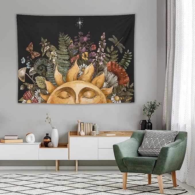 Vintage Sun Tapestry Wall Hanging,Hippie Boho Mushroom Floral Plant Tapestries for College Dorm Living Room Bedroom Decor(60"x80")