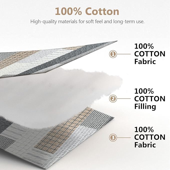 Quilts Queen Size, Queen Quilt Bedding Set Bedspread, 100% Cotton Patchwork Quilt for Queen Bed, 3 Pieces Plaid Farmhouse Reversible Lightweight Comforter Bed Spread, Grey/Tan/Black