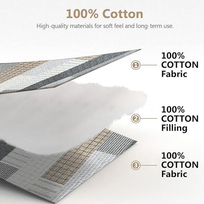 Quilts King Size, King Quilt Bedding Set Bedspread, 100% Cotton Patchwork Quilt for King Bed, 3 Pieces Plaid Farmhouse Reversible Lightweight Comforter Bed Spread, Grey/Tan/Black