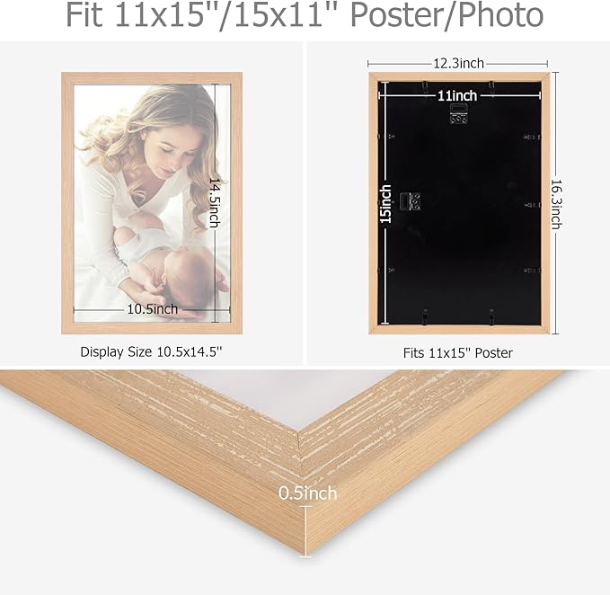 11x15 Frame Natural Woodgrain,Rustic 15x11 Picture Frame Beige, Art Pic Hanging Poster Frame, 11 by 15 Gallery Family Concert Portrait Photo Frame Anniversary/Birthday/Wedding/Thank you/Christmas Gift