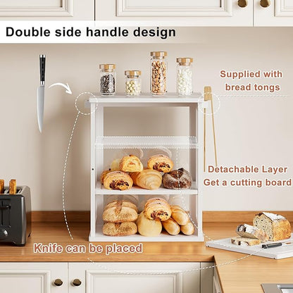 WOWLIVE Bread Box for Kitchen Countertop, Large 3 Layers Bread Storage Container for Homemade Bread with Window, Farmhouse Breadbox Organizer for Kitchen, Cabinet, Pantry (White, Extra Large)