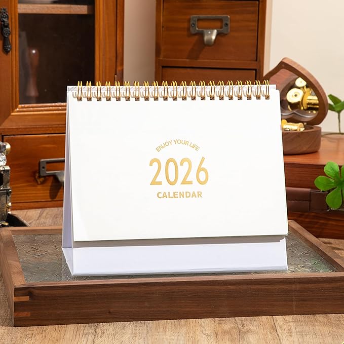 Small Desk Calendar 2025-2026, Use Now to Dec 2026, Standing Flip Desk Calendar with To-do List & Notes, Metal Ring Twin-Wire Binding with Stickers, Thick Paper Monthly Desktop Calendar for Home Office (White)