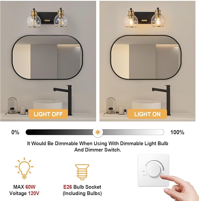2 Light Modern Bathroom Light Fixtures Over Mirror (LED Bulbs Included), Black Gold Vanity Lights for Bathroom Wall Sconces with Clear Globe Glass Glass Shades