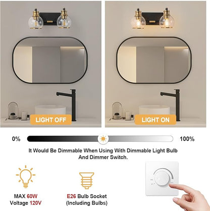 2 Light Modern Bathroom Light Fixtures Over Mirror (LED Bulbs Included), Black Gold Vanity Lights for Bathroom Wall Sconces with Clear Globe Glass Glass Shades