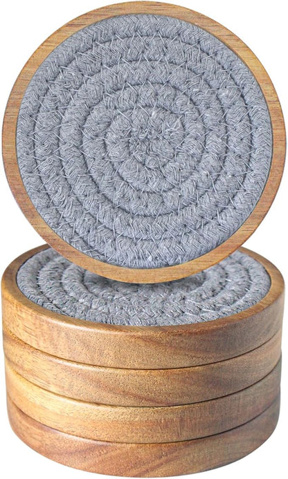 Drink Coasters Set of 5, Coasters for Drinks Absorbent, Wood Coasters for Coffee Table, Housewarming Gift for Farmhouse Home Decor,4 inches (Brown & Gray)