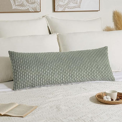 Kevin Textile 14x36 Inch Long Lumbar 1 Pack Boho Decorative Throw Pillow Cover Soft Striped Corduroy Rectangle Cushion Case Farmhouse Solid Color Accent for Living Room Couch Sofa Bed, Greyish Green