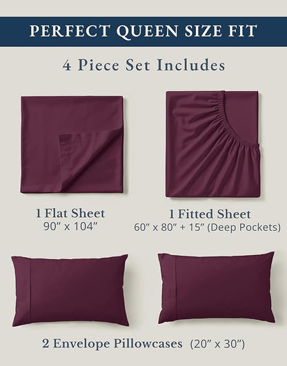 LANE LINEN 100% Organic Cotton Sheets Queen Size, Classic Percale Weave Fully Elasticized Breathable Queen Cotton Sheet Set, Machine Washable Soft & Comfy Queen Sheet Set - Windsor Wine