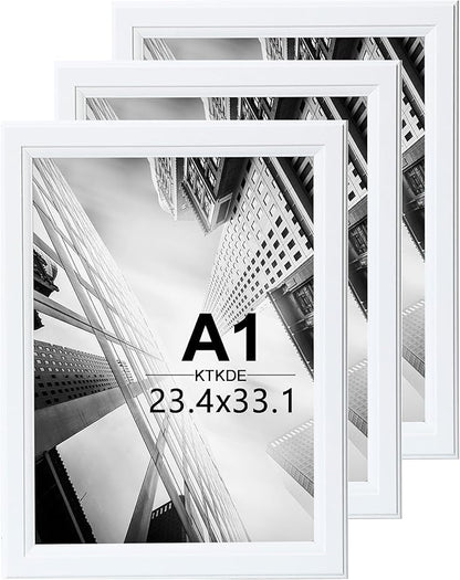KTKDE A1 Picture Frame Set of 3, 23.4 x 33.1in Poster Frame Wooden White -Horizontal or Vertical Wall Hanging for Home, Exhibition, Caffe Large Frame for Photos, Posters - Art Prints best gift