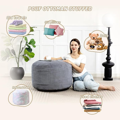 Round Stuffed Pouf Ottoman,Corduroy Foot Rest with Rebound Foam Filled, Furry and Fluffy Foot Stool Ottoman, Floor Poufs for Living Room (Gray, 20" D x 20" W x 15" H)